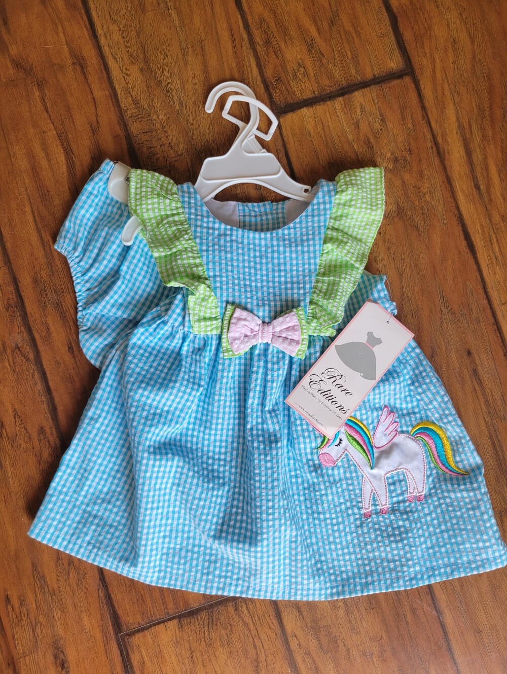Blue Seersucker Kids Sun Dress with Unicorn Patch and Pink Bow
